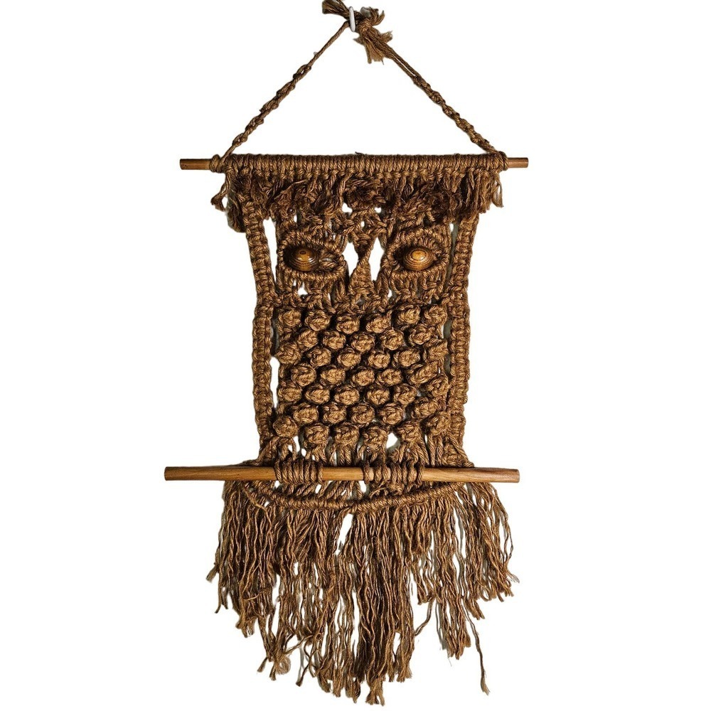 Vintage 70s MCM Owl Macrame Wall Hanging‎